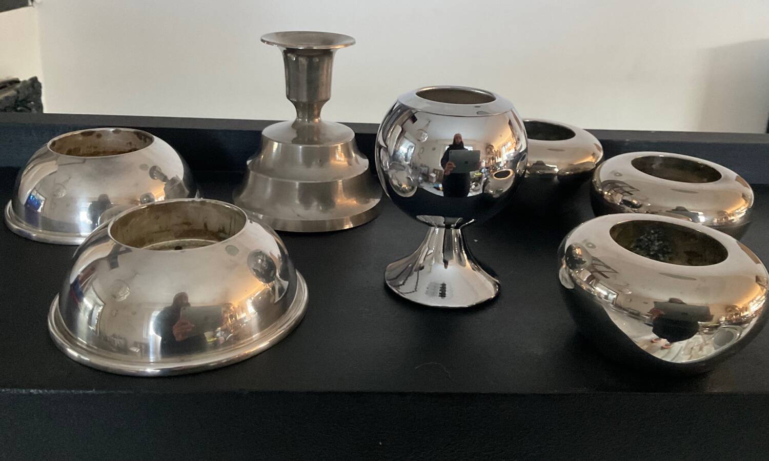 Series of 6 vintage candlesticks in brass and silver metal