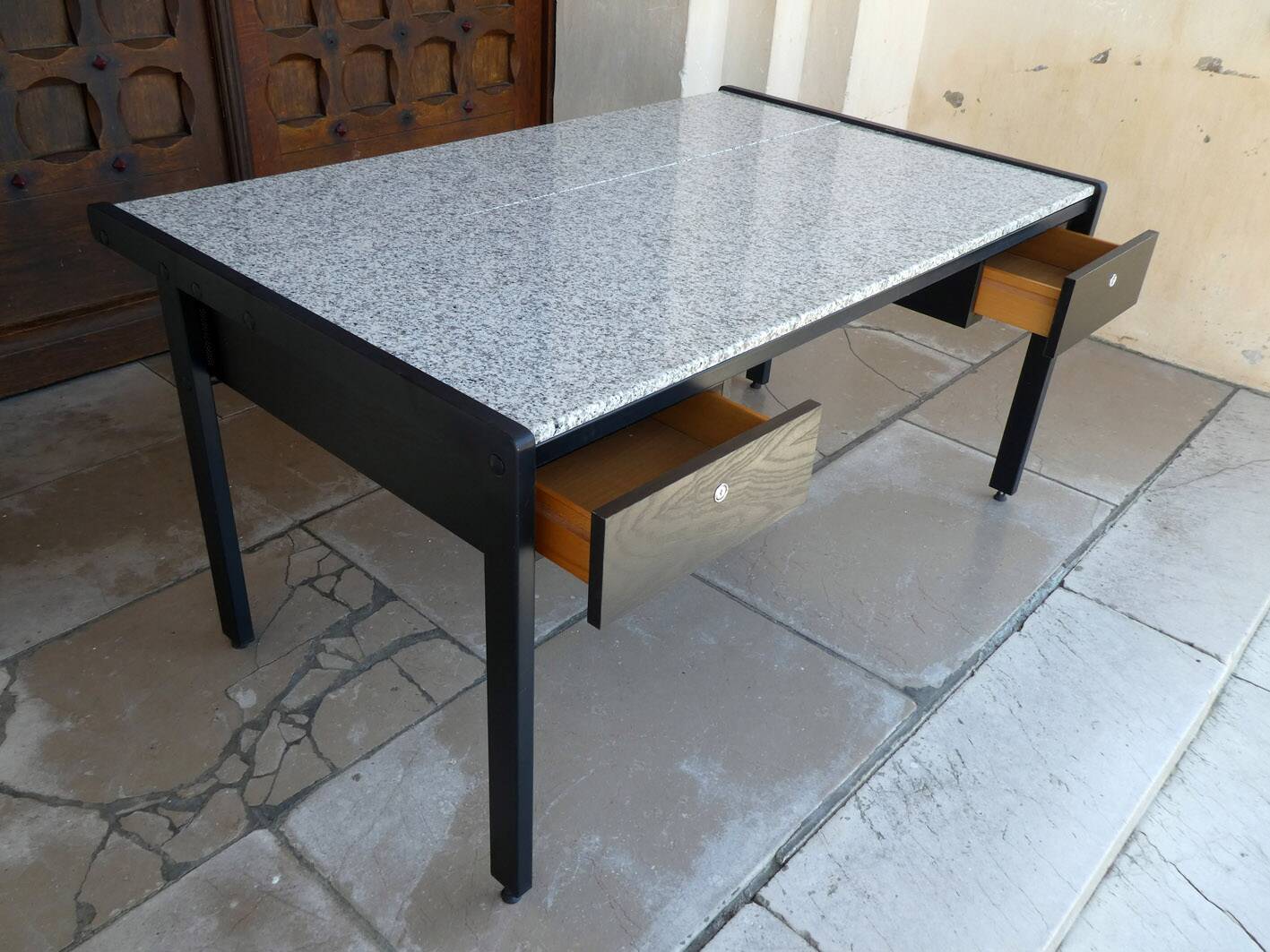 large metal, wood & granite desk, 1980