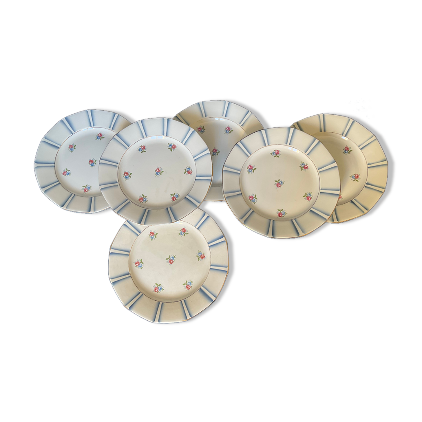 6 vintage octagonal flat plates in floral porcelain, 1960s