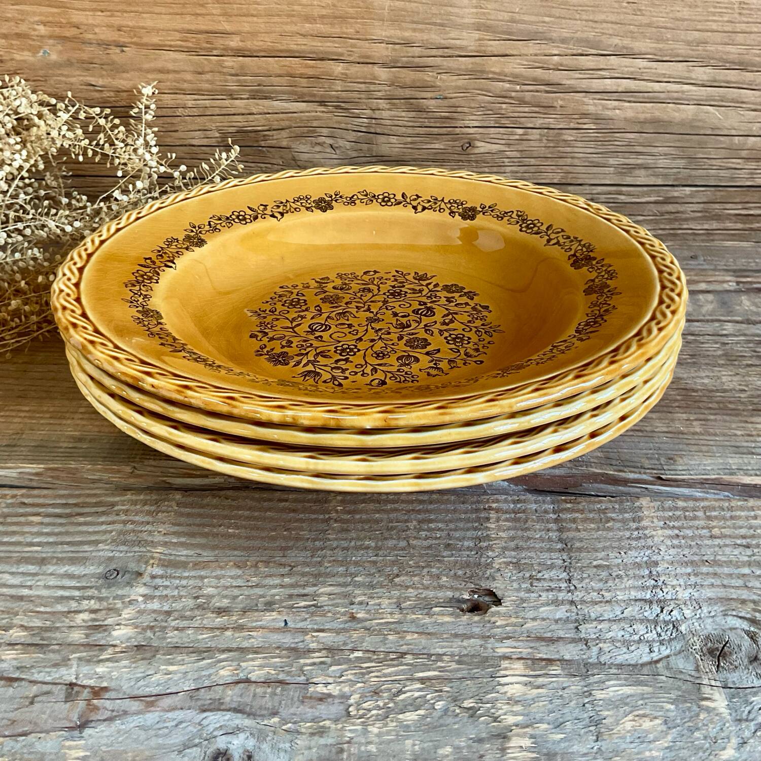 4 vintage amber ceramic soup plates