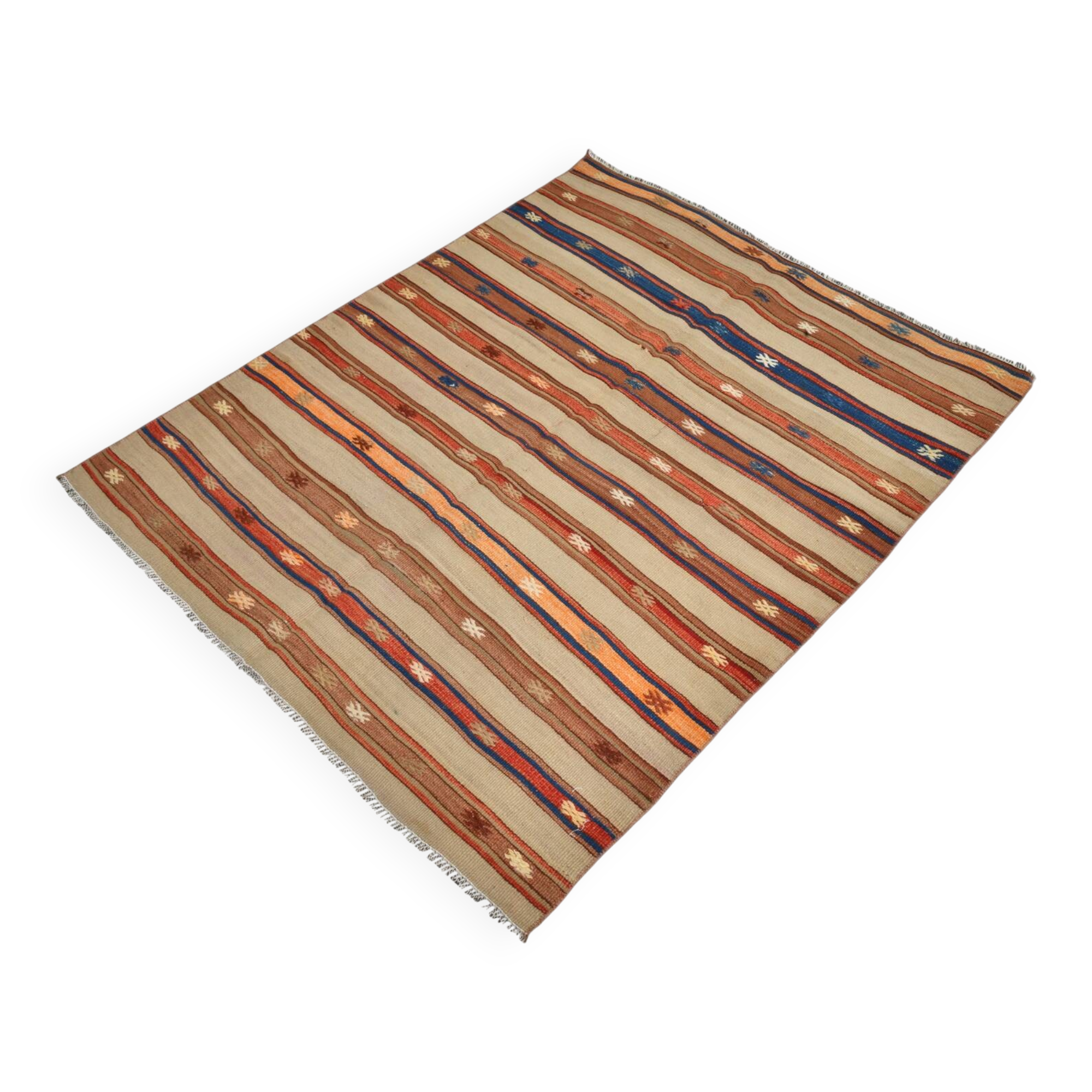 Tapis Kilim beige et bleu marine 4x5, motif ethnique, 120x146 cm