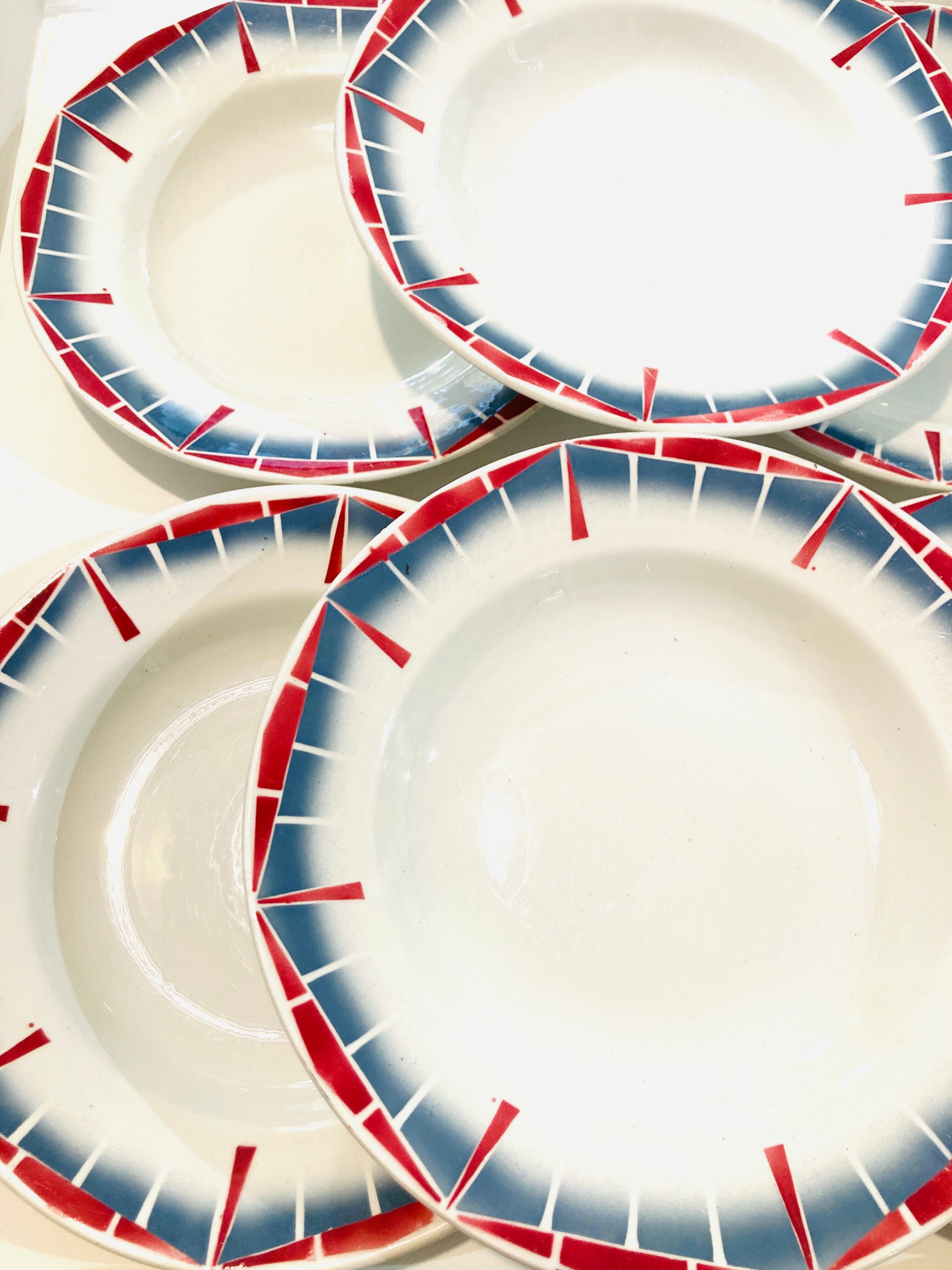 8 hollow plates ceranord st amand boulingrin pink and blue -vintage-kitchen-retro