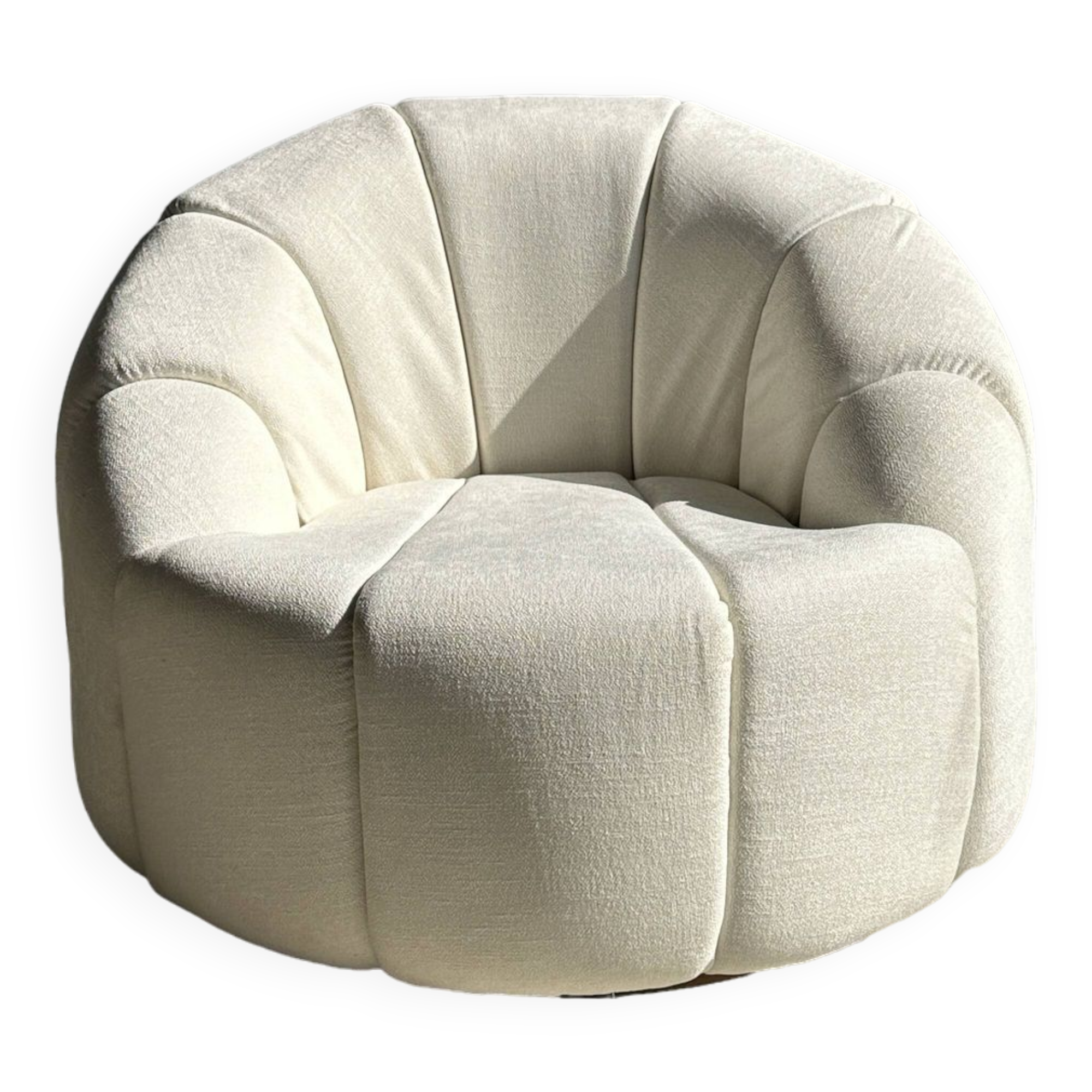 Large white circular armchair, white fabric upholstery