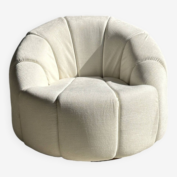 Large white circular armchair, white fabric upholstery