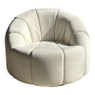 Large white circular armchair, white fabric upholstery