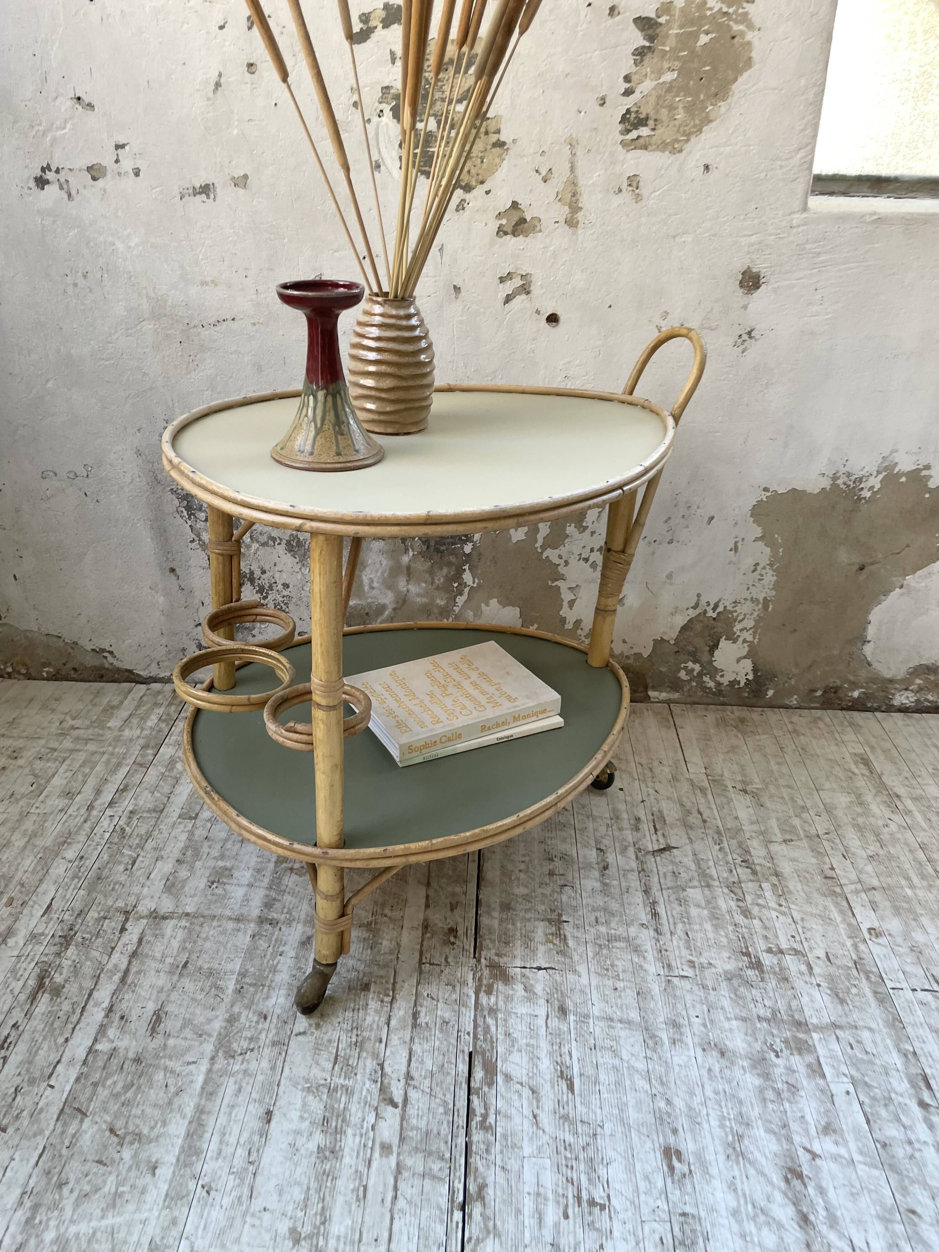 Desserte, table roulante en rotin années 60