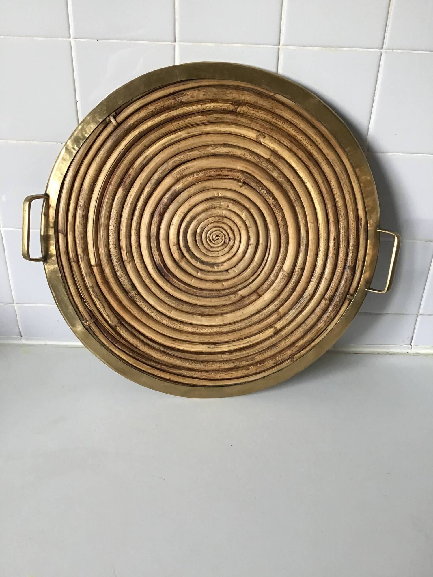 Round vintage bamboo and brass tray in the spirit of Gabrielle Crespia.