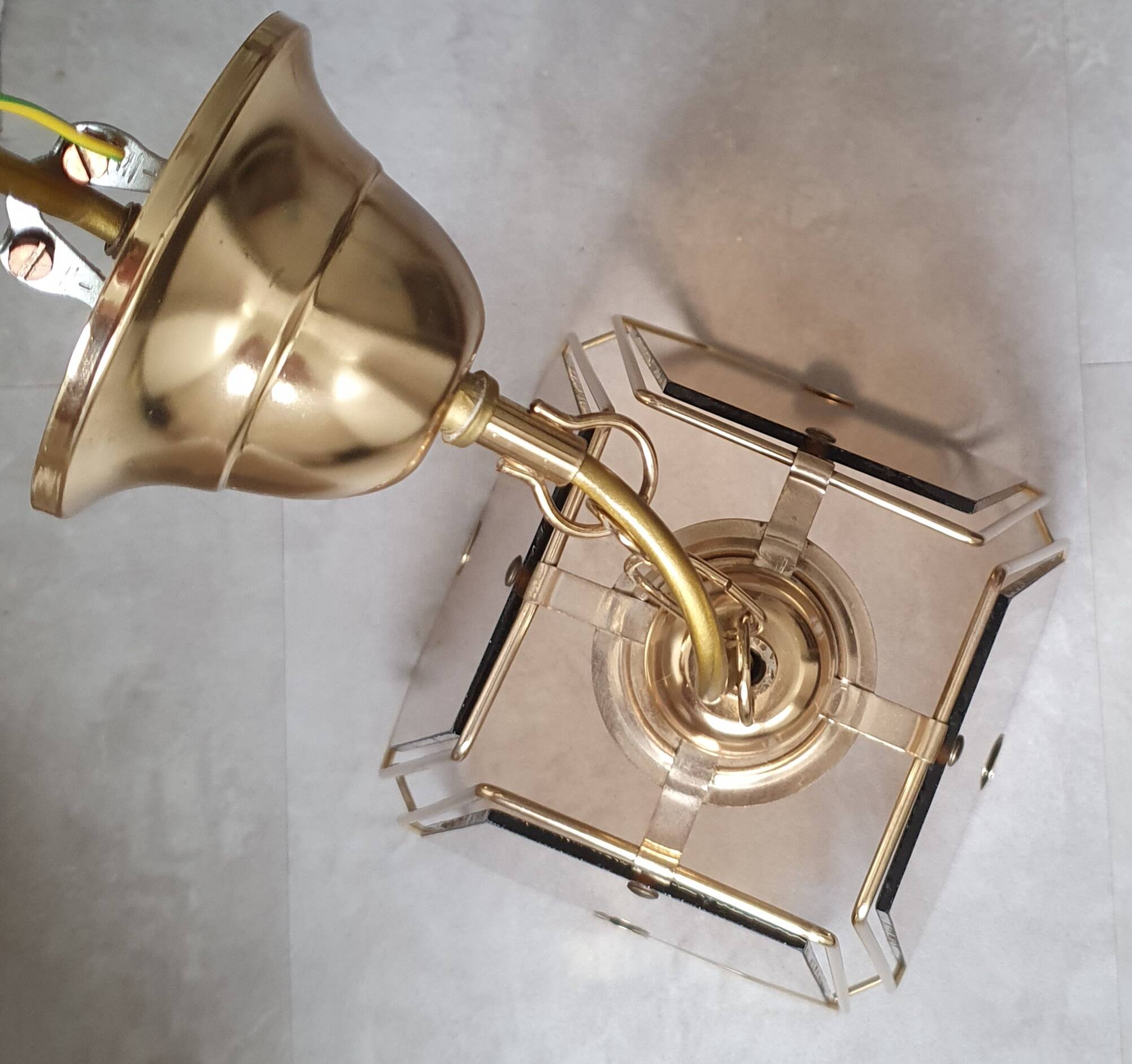 Vintage 70s chandelier in smoked glass and brass