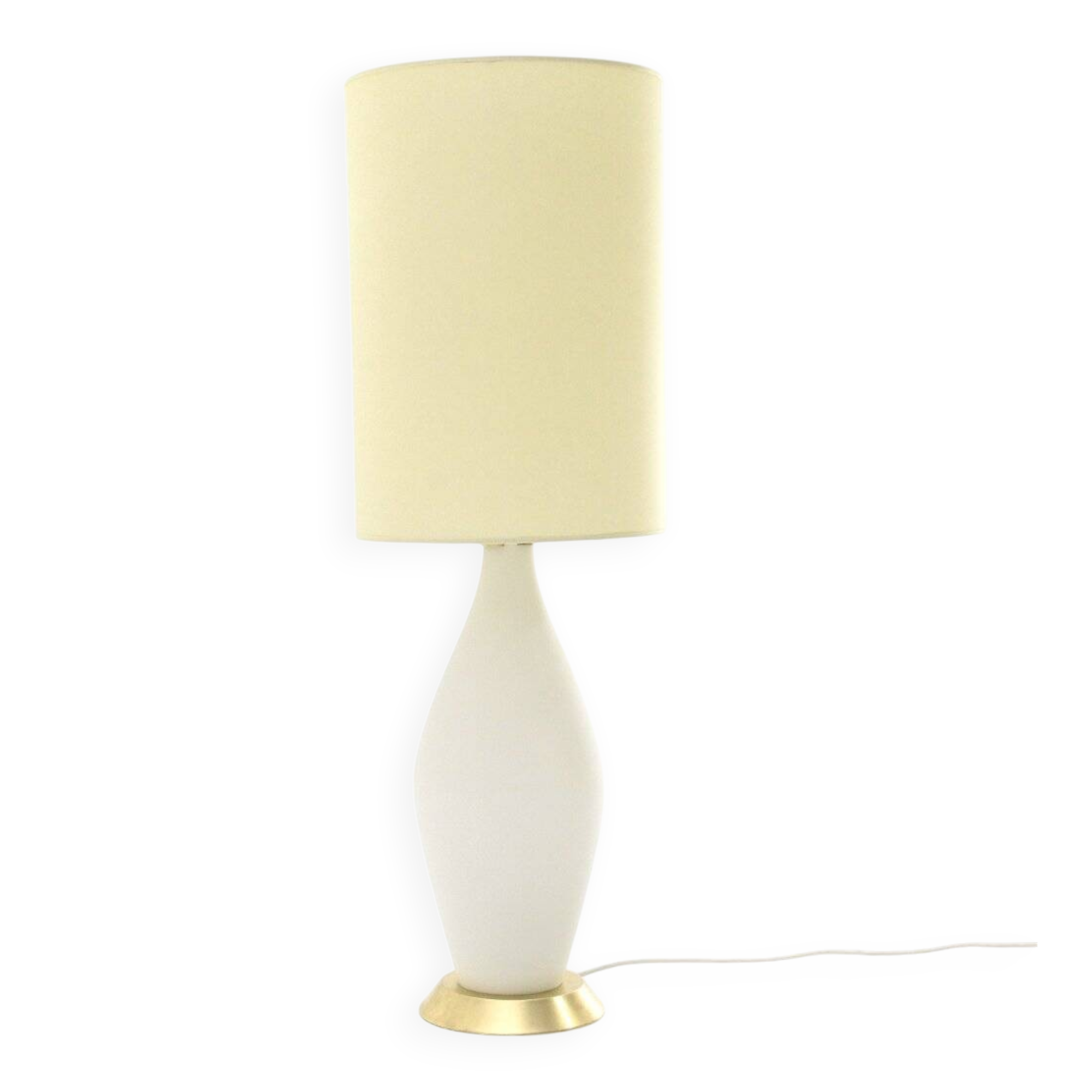 Table lamp in opaline glass and brass with a parchment shade, 1950s.