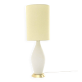 Table lamp in opaline glass and brass with a parchment shade, 1950s.