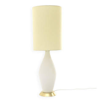 Table lamp in opaline glass and brass with a parchment shade, 1950s.