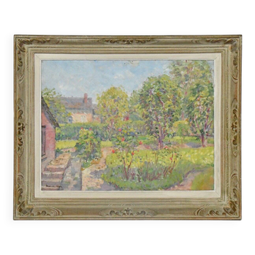 Huile sur toile " Le jardin en fleurs", signée Maurice Léan, XXe