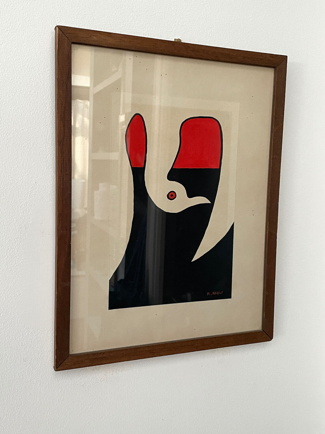 Abstract composition - gouache, signed R. Rault, vintage wooden frame