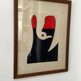 Abstract composition - gouache, signed R. Rault, vintage wooden frame