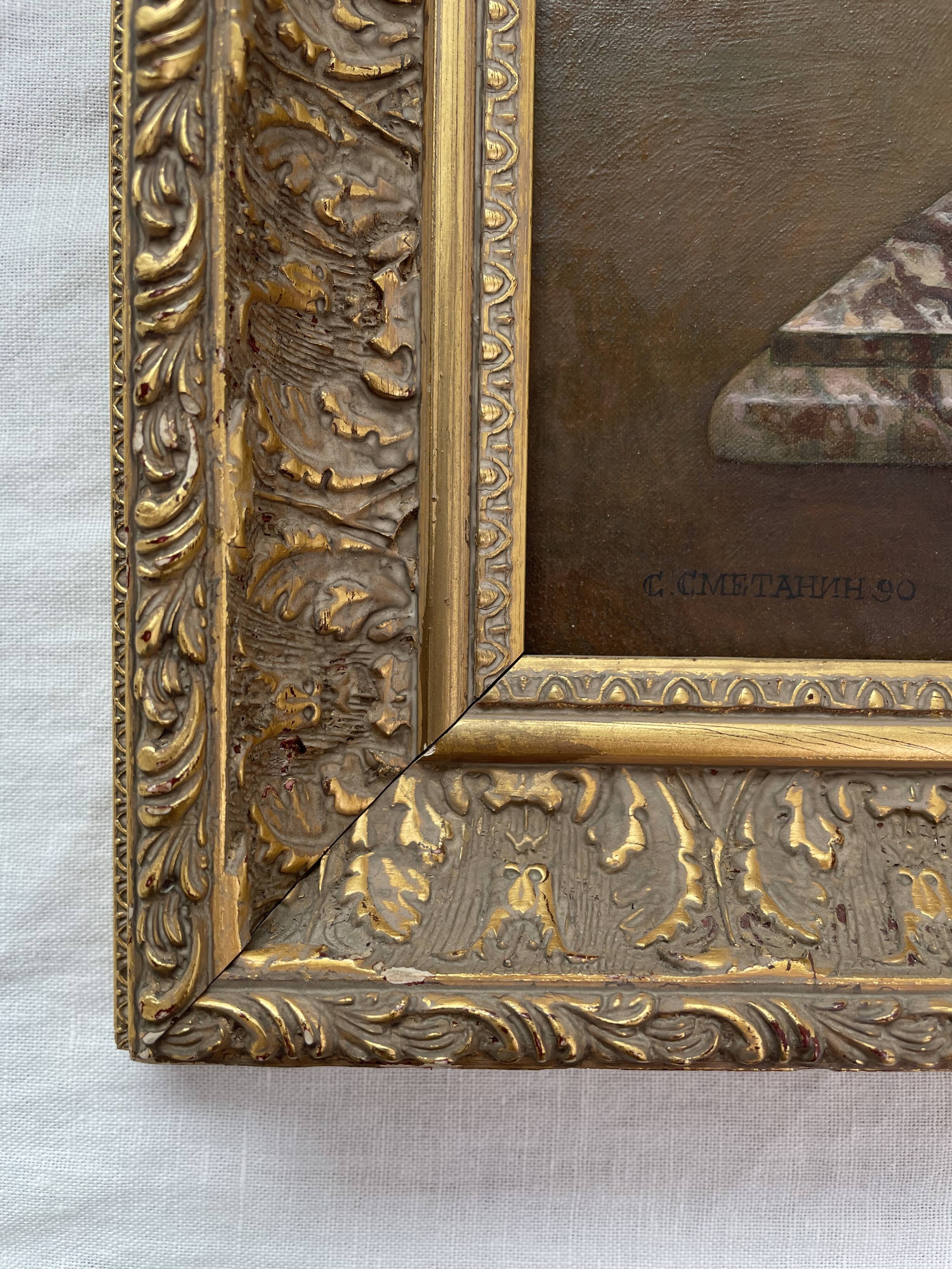 Oil painting, sergei smetanin, still life with marble vase, signed, gilded wood frame, russia