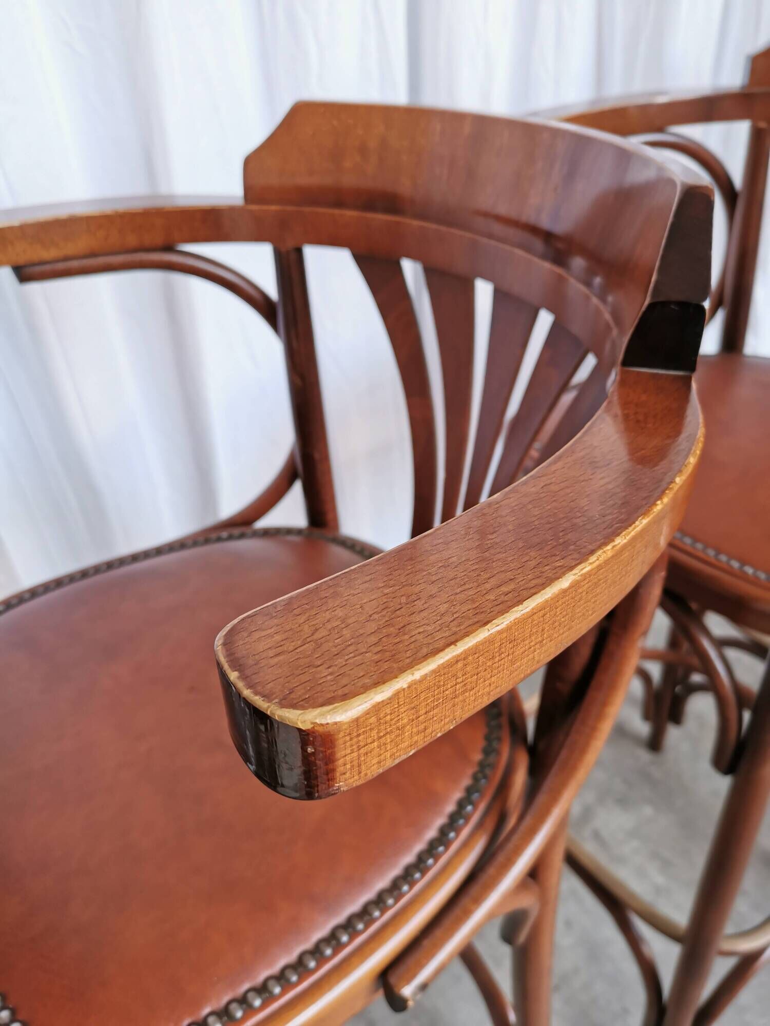 Set of 4 Vintage Bentwood Bar Stools, Brown Leather Seat, Nailhead Trim