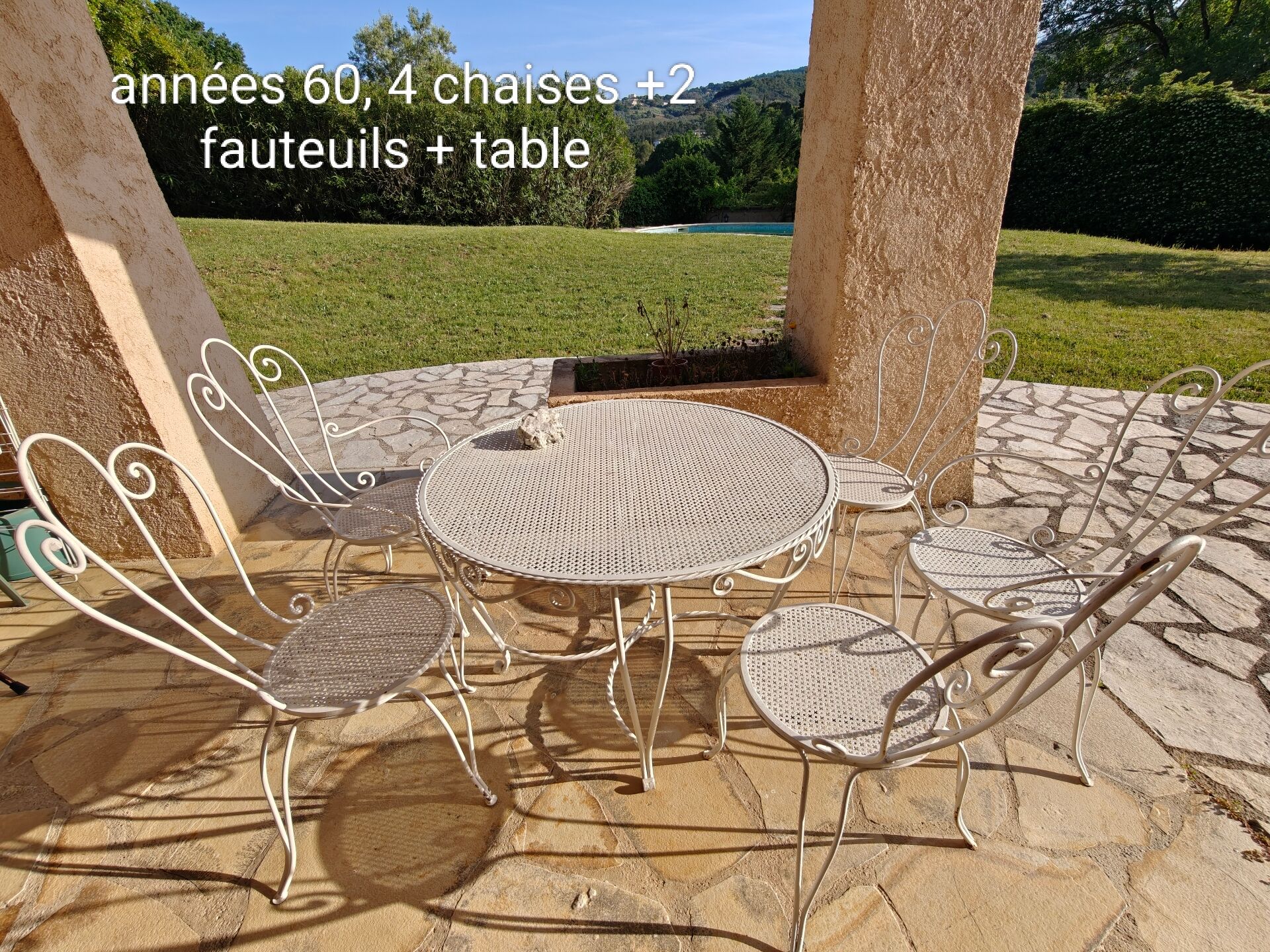 Salon de jardin 7 pièces en fer forgé, années 60