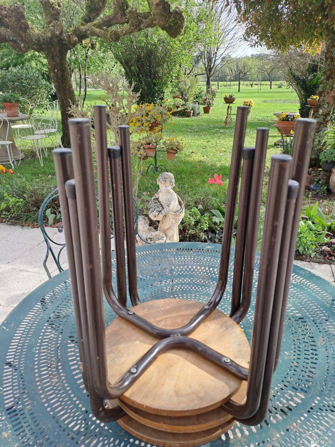3 wooden and tube school stools