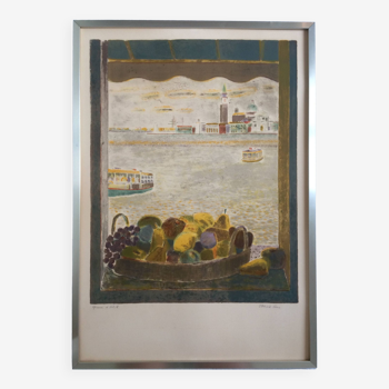 Lithograph signed by pierre garcia-fons view of the lagoon behind a basket of fruit, c 1970