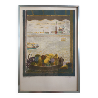 Lithograph signed by pierre garcia-fons view of the lagoon behind a basket of fruit, c 1970