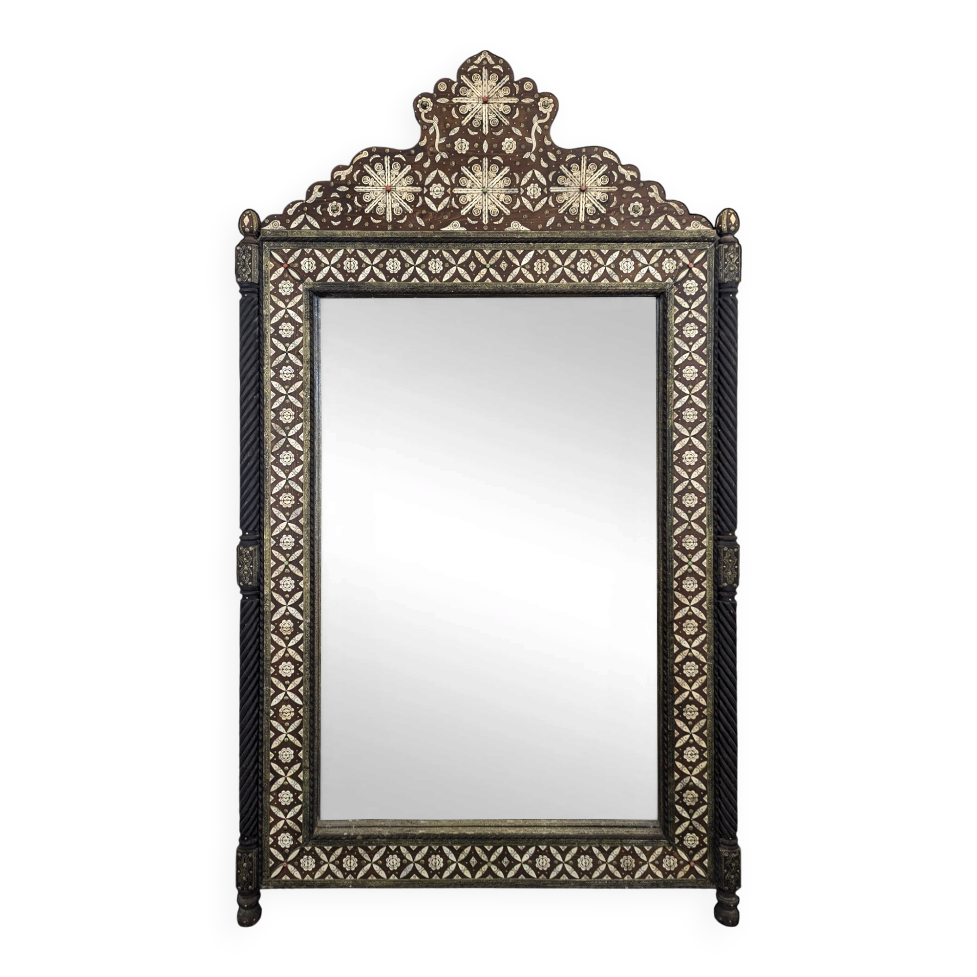 Orientalist mirror with bone inlays and hard stone cabochons.