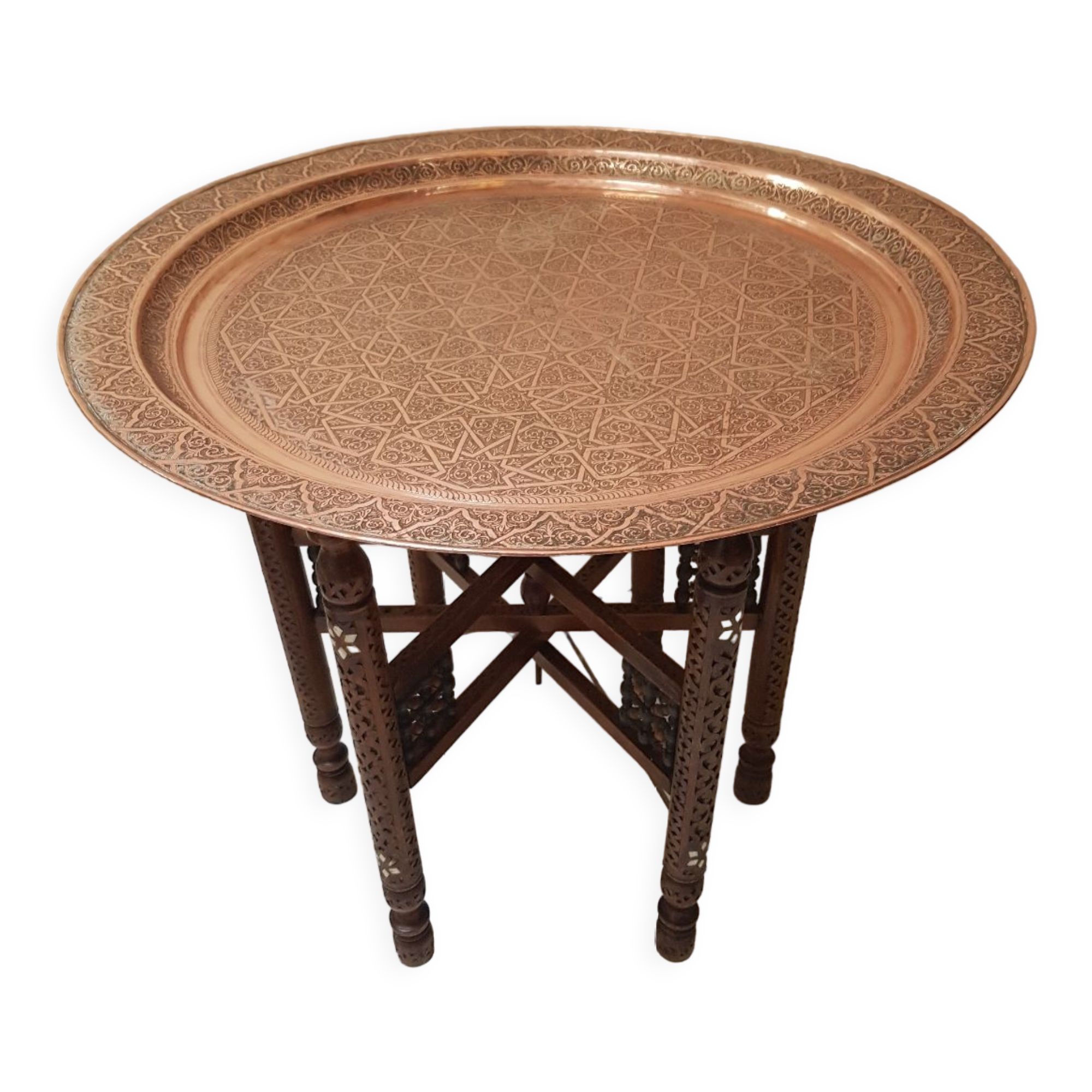 Vintage moroccan table in wood, copper and mother-of-pearl