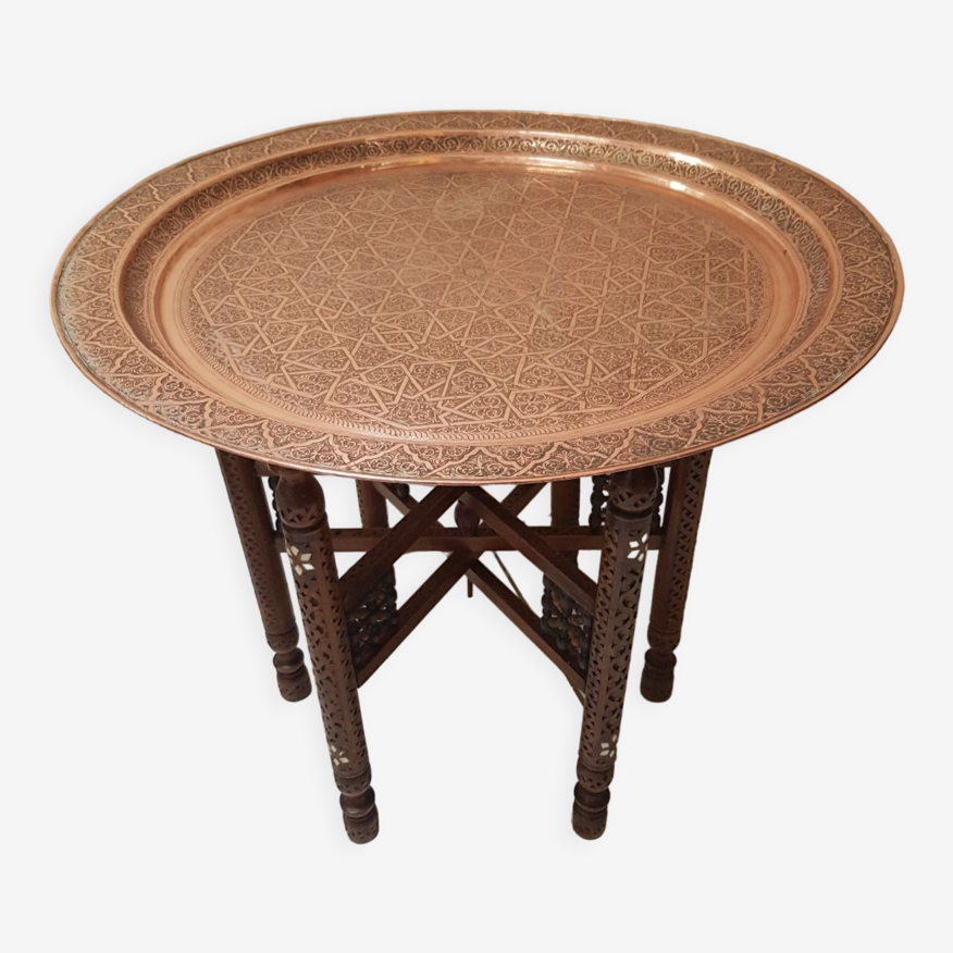 Table marocaine vintage en bois, cuivre et nacre | Selency