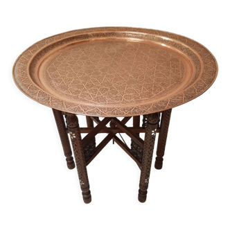 Vintage moroccan table in wood, copper and mother-of-pearl