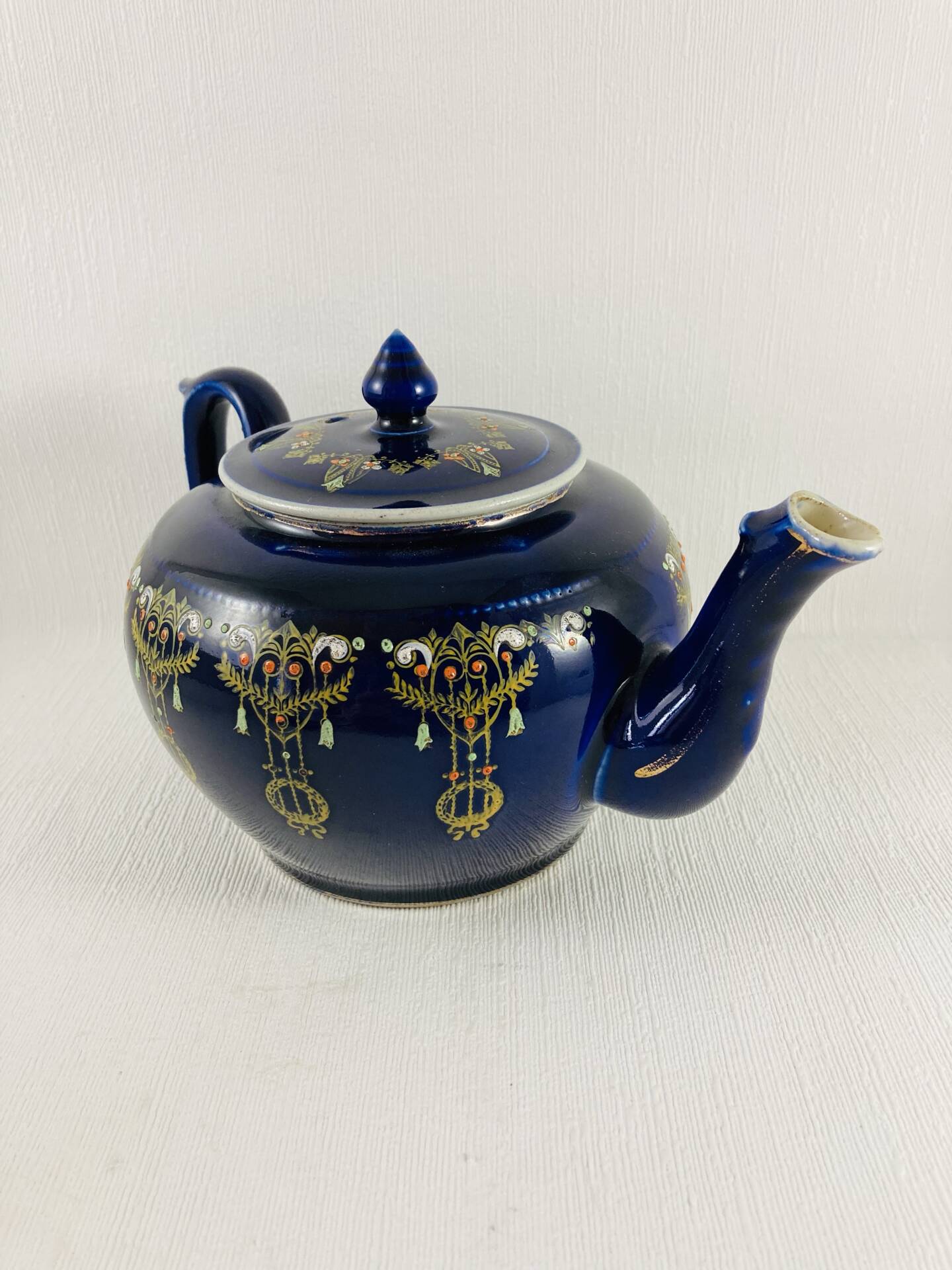 Teapot Earth to Fire Sainte-Uze Cobalt Blue Gold Relief Enamels 19th Century 80cl
