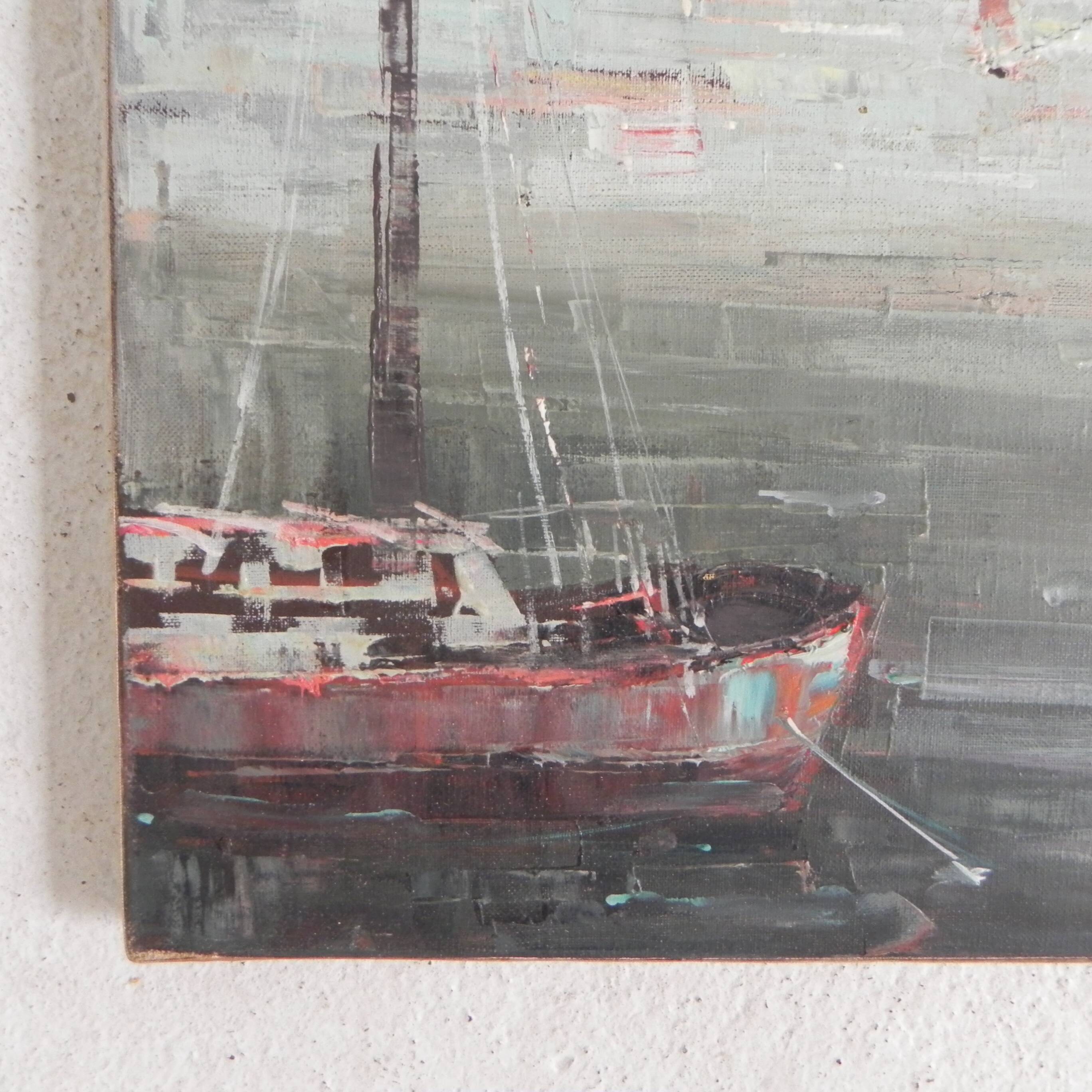 Painting of a cityscape with a harbour, Harry Dedic, 1960s