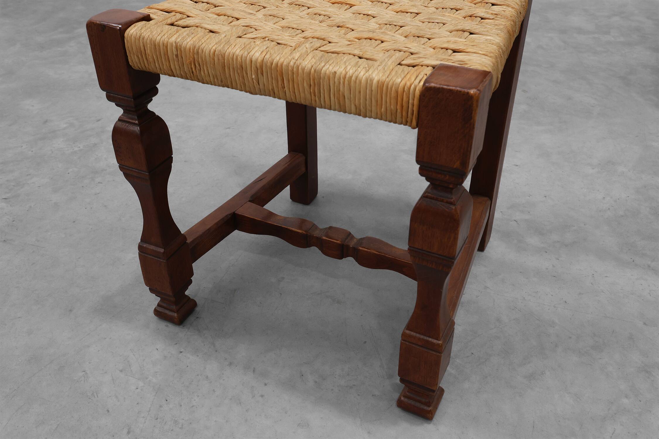 Set of 8 Brutalist Mid-Century Chairs in Wood and Wicker, Belgium ca. 1970