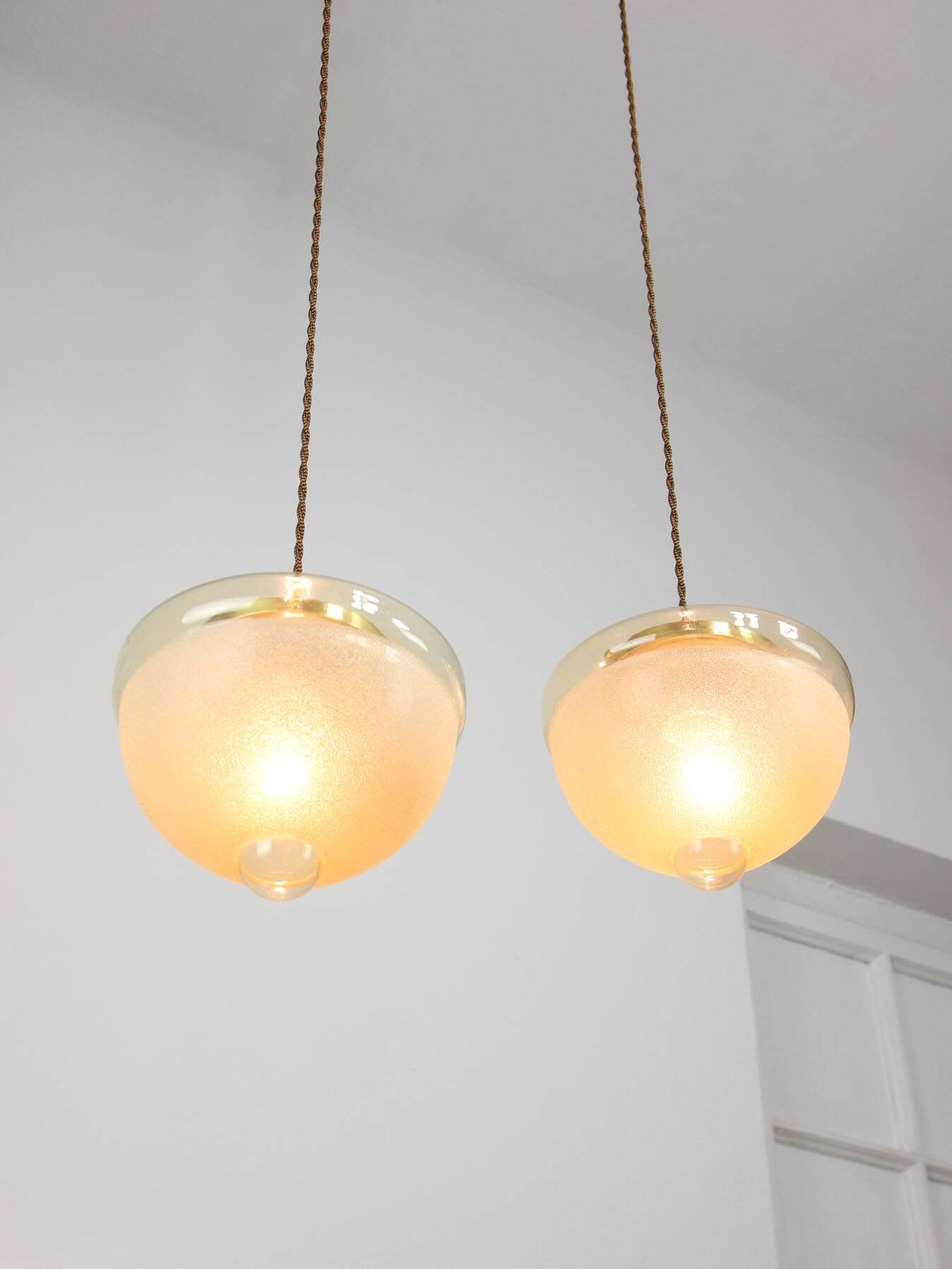 Mid-century Italian Brass and Glass Pendant Lamps, set of 2