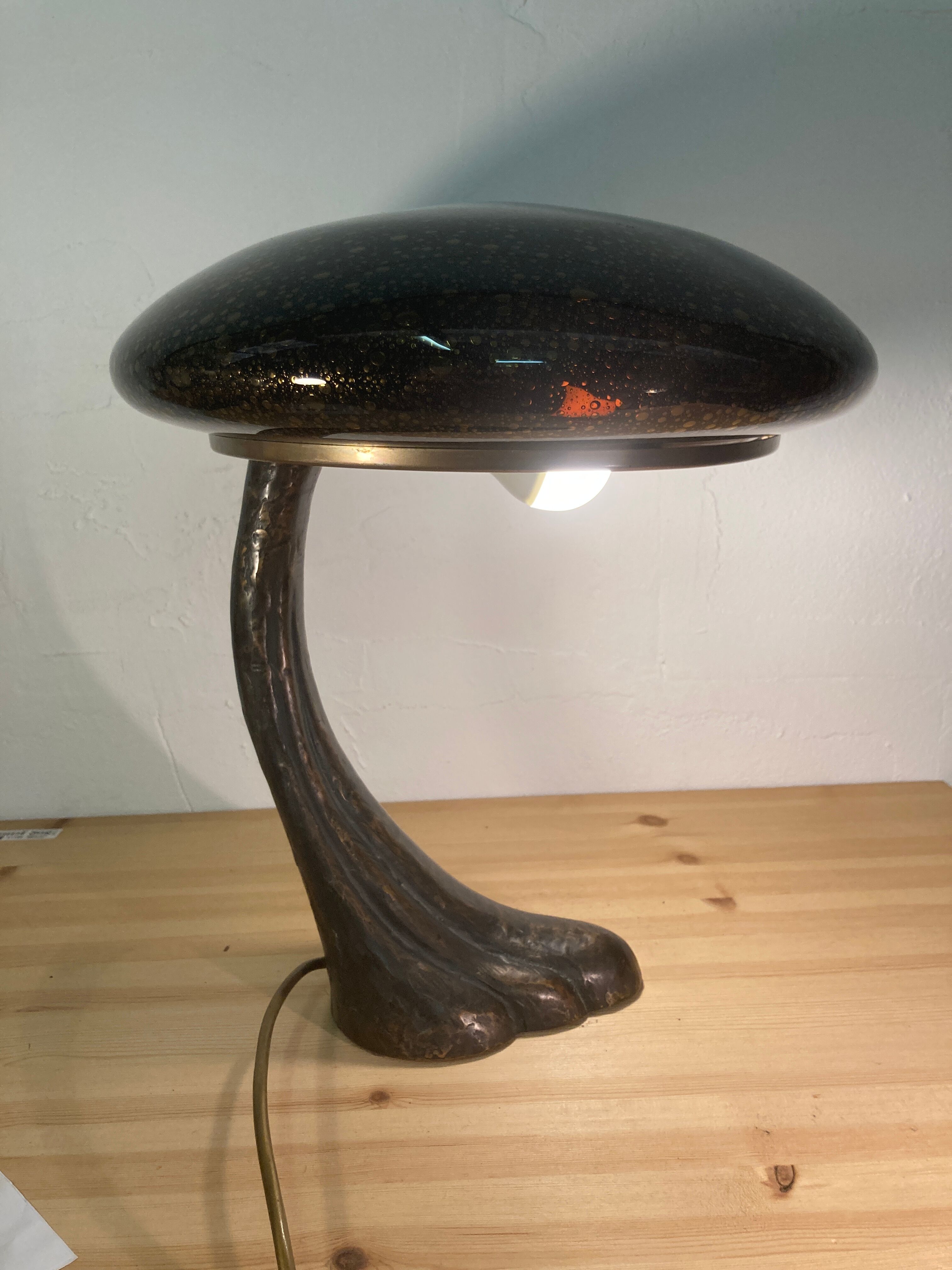 Art Deco organic mushroom bronze Murano bubble glass desk lamp