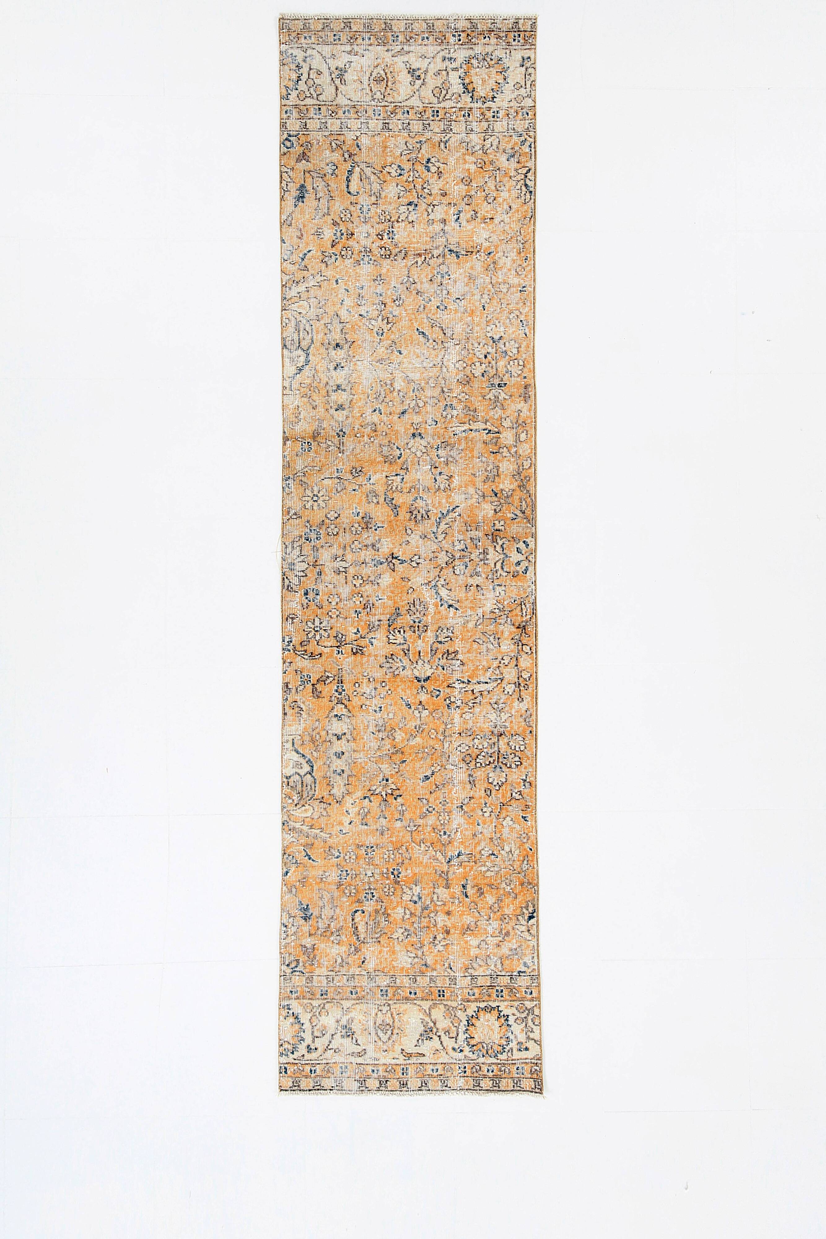2x10 Orange & Navy Blue Floral Vintage Runner Rug, 73x297Cm