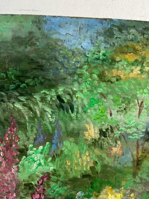 Jardin fleuri et ruisseau, signé