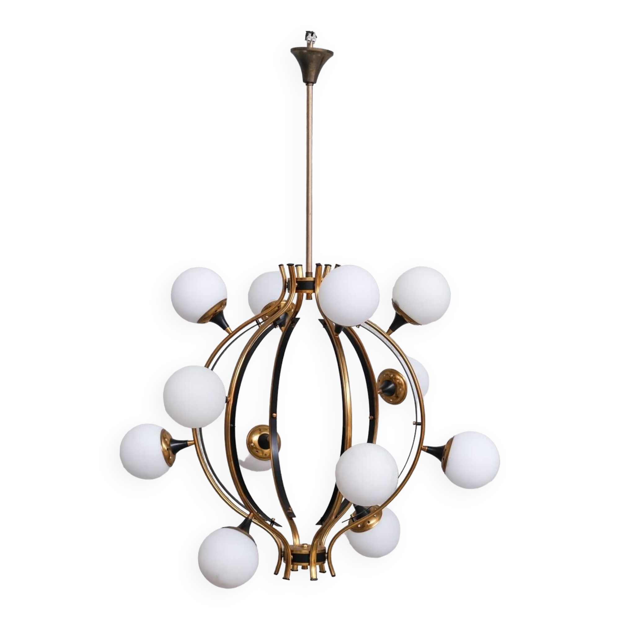 Stilnovo Mid-Century Italian Brass and Opaline Globe Chandelier