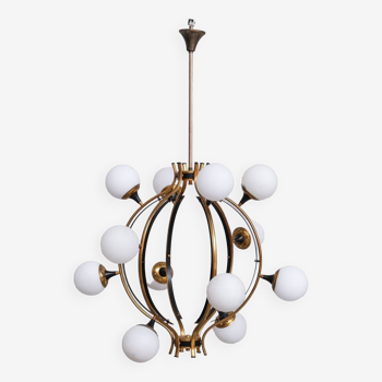 Stilnovo Mid-Century Italian Brass and Opaline Globe Chandelier