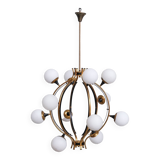 Stilnovo Mid-Century Italian Brass and Opaline Globe Chandelier