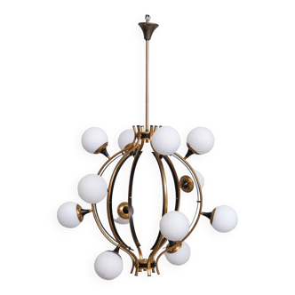 Stilnovo Mid-Century Italian Brass and Opaline Globe Chandelier