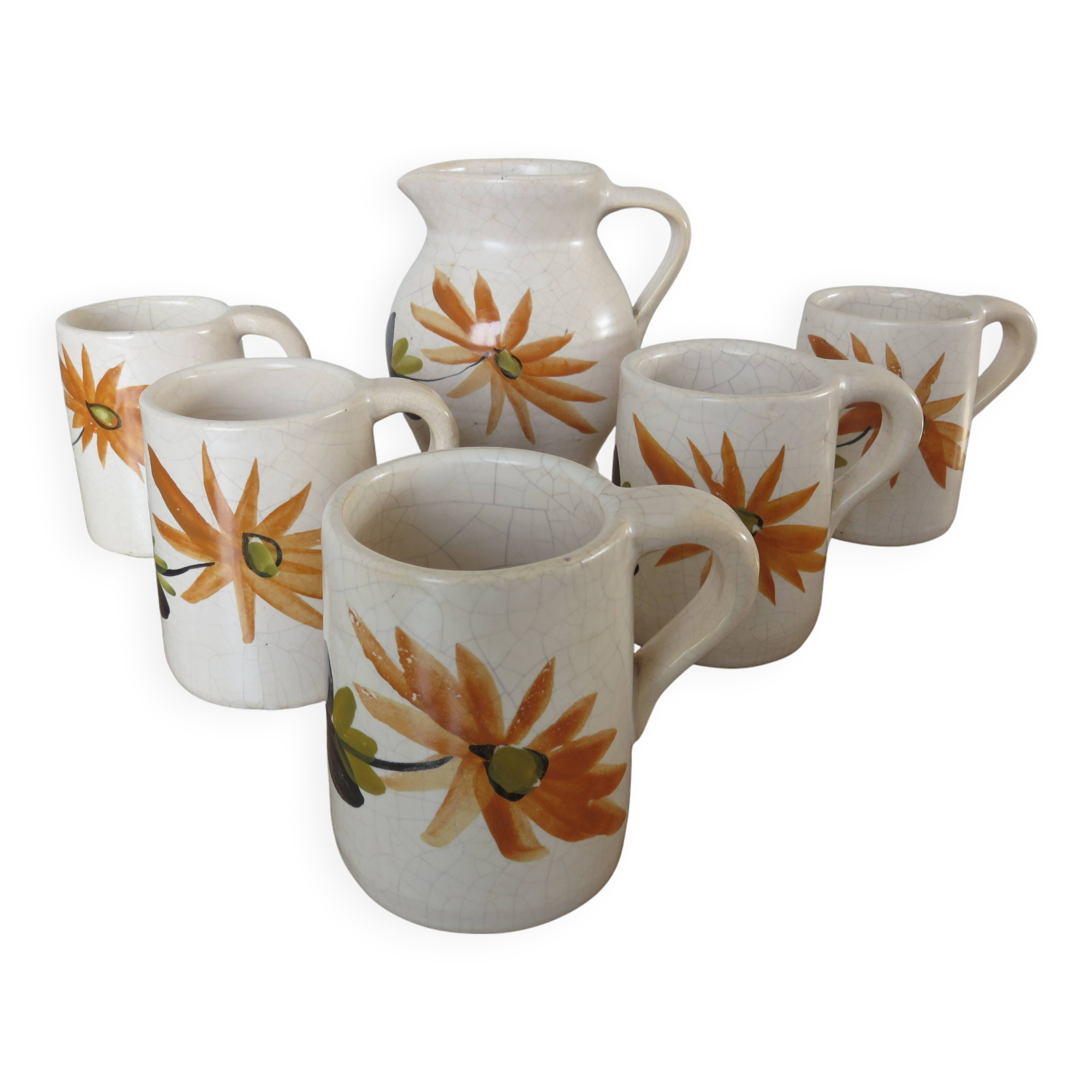 Orangeade set in cracked ceramic, floral pattern from the 60s
