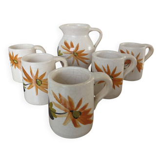 Orangeade set in cracked ceramic, floral pattern from the 60s