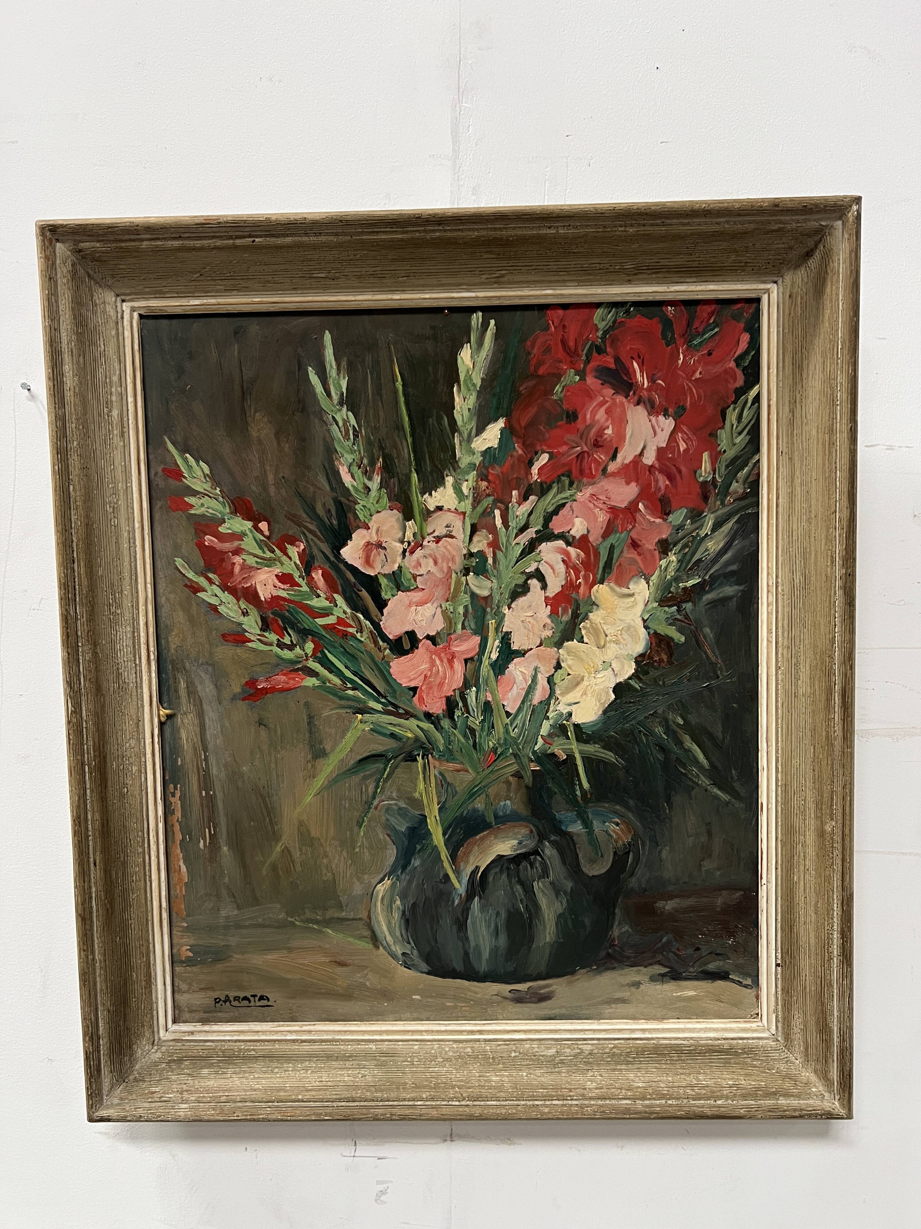 Oil on isorel "the bouquet of gladioli" signed p. arata 20th century