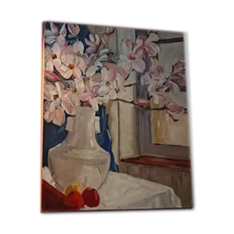 Painting a. favory "the magnolias" oil on canvas france 1960 impressionists post cubism