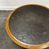 Vintage round textured slate and solid oak coffee table, France, 1970s