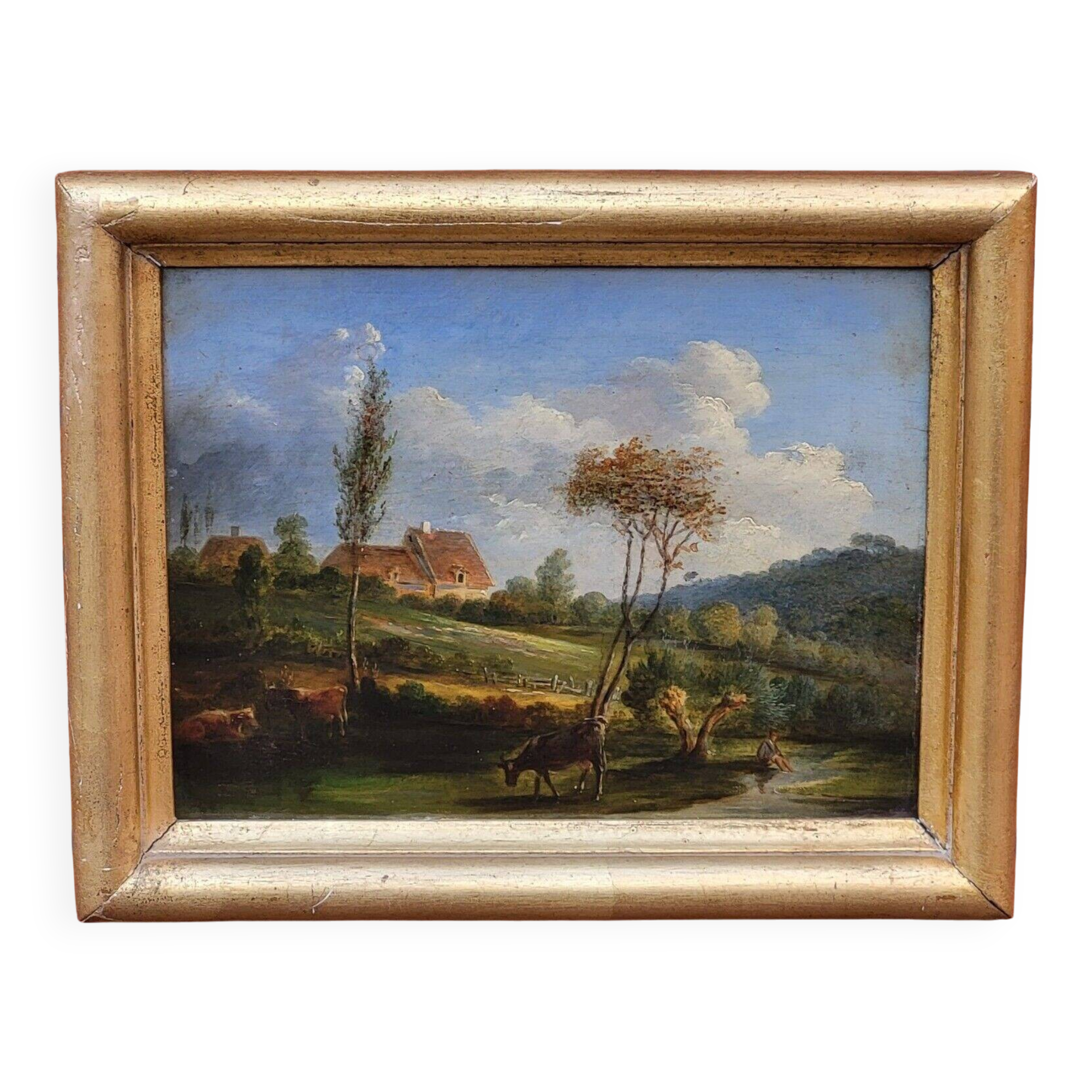 Antique Painting  Animated Landscape Oil Painting on Wood Panel