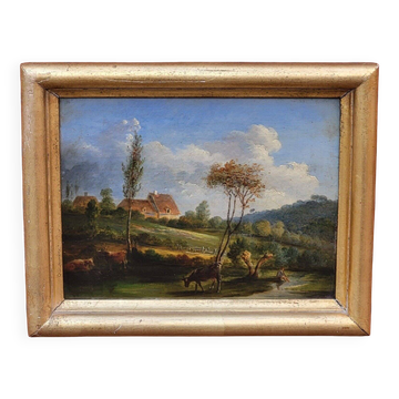 Peinture ancienne Paysage animé Peinture à l'huile sur panneau de bois