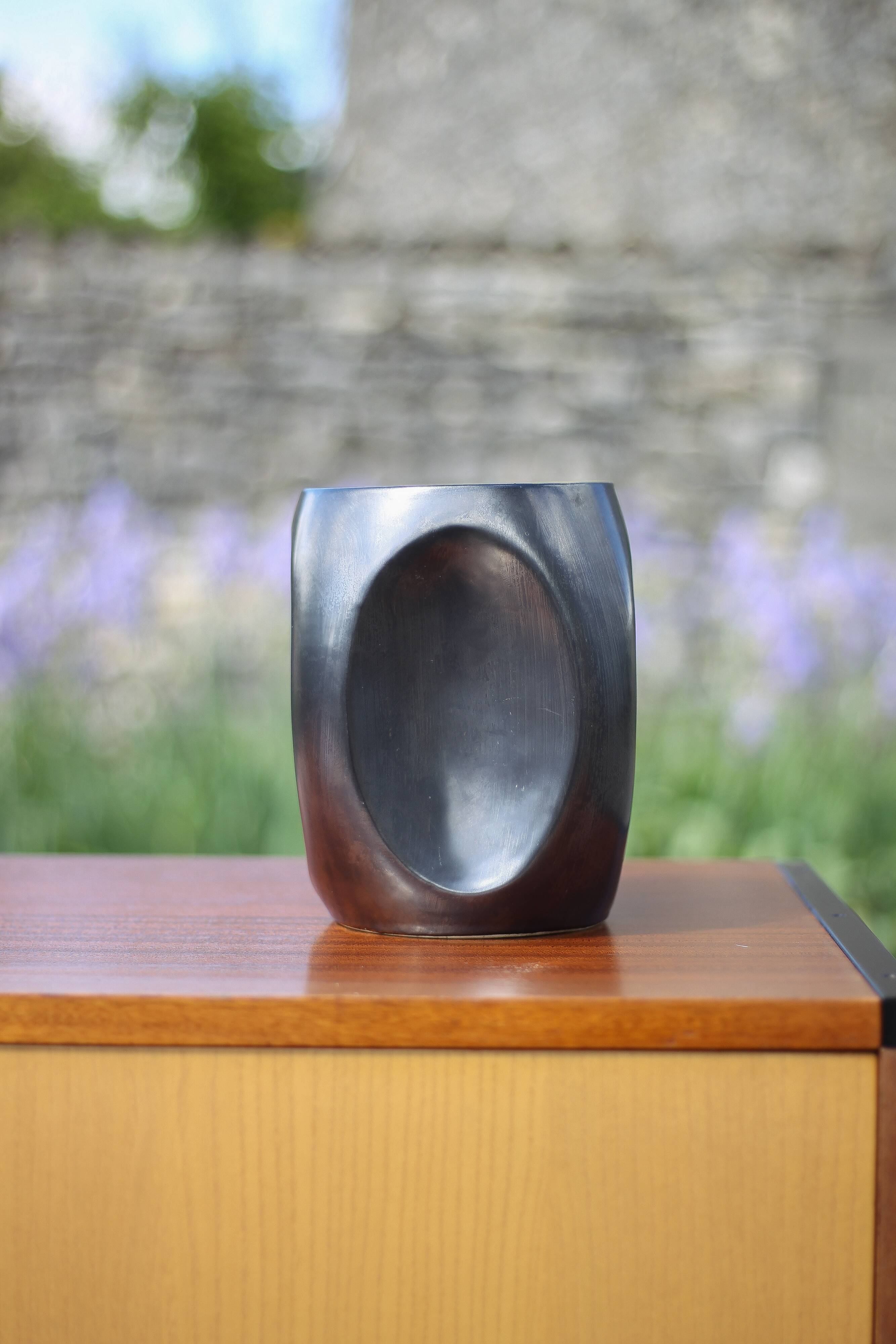 Vallauris modernist cubic vase enamelled black with orange interior, vintage vase, collection, decoration