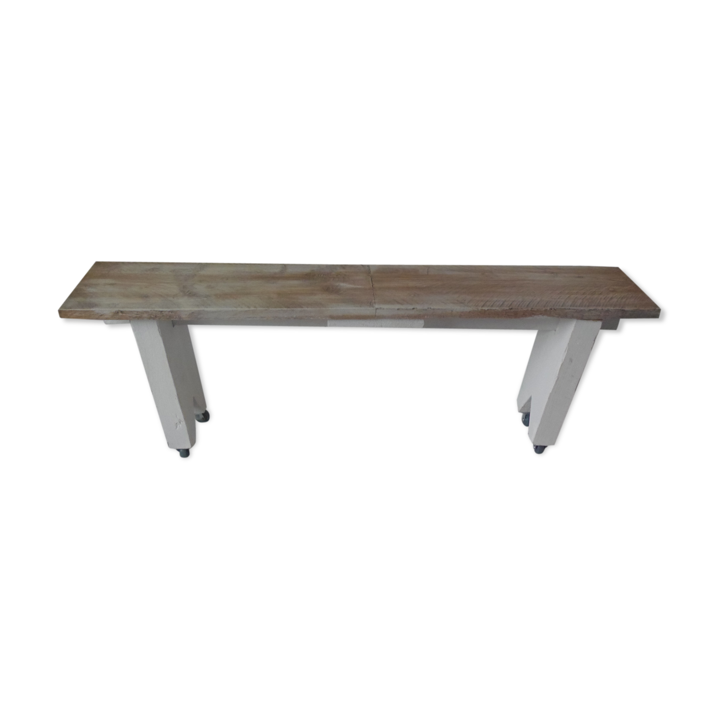 Bench in grey with wheels, bleached wood seating waxed finish