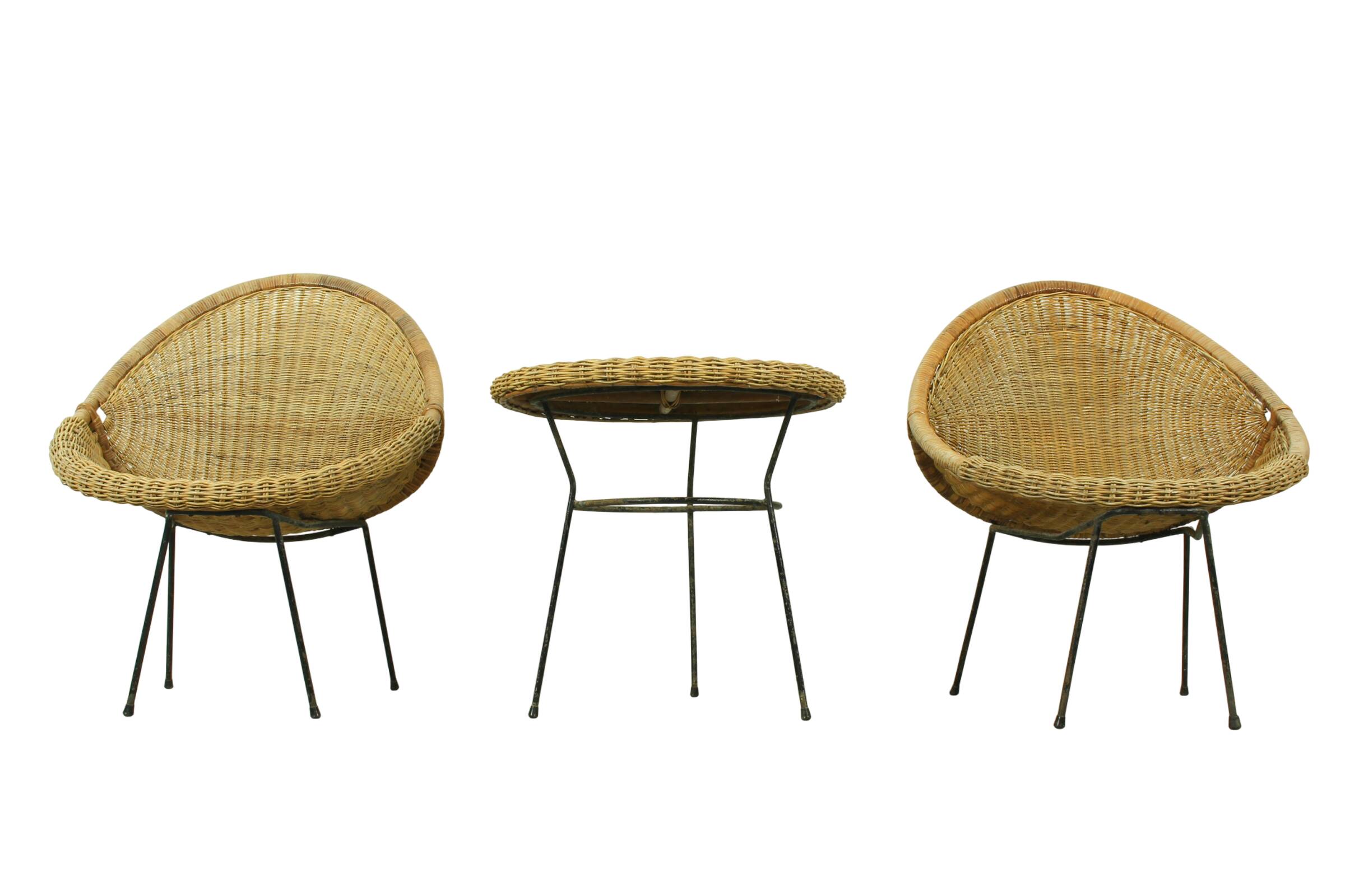 1950s Italian Rattan Basket Chairs & Matching Bistro Table Set