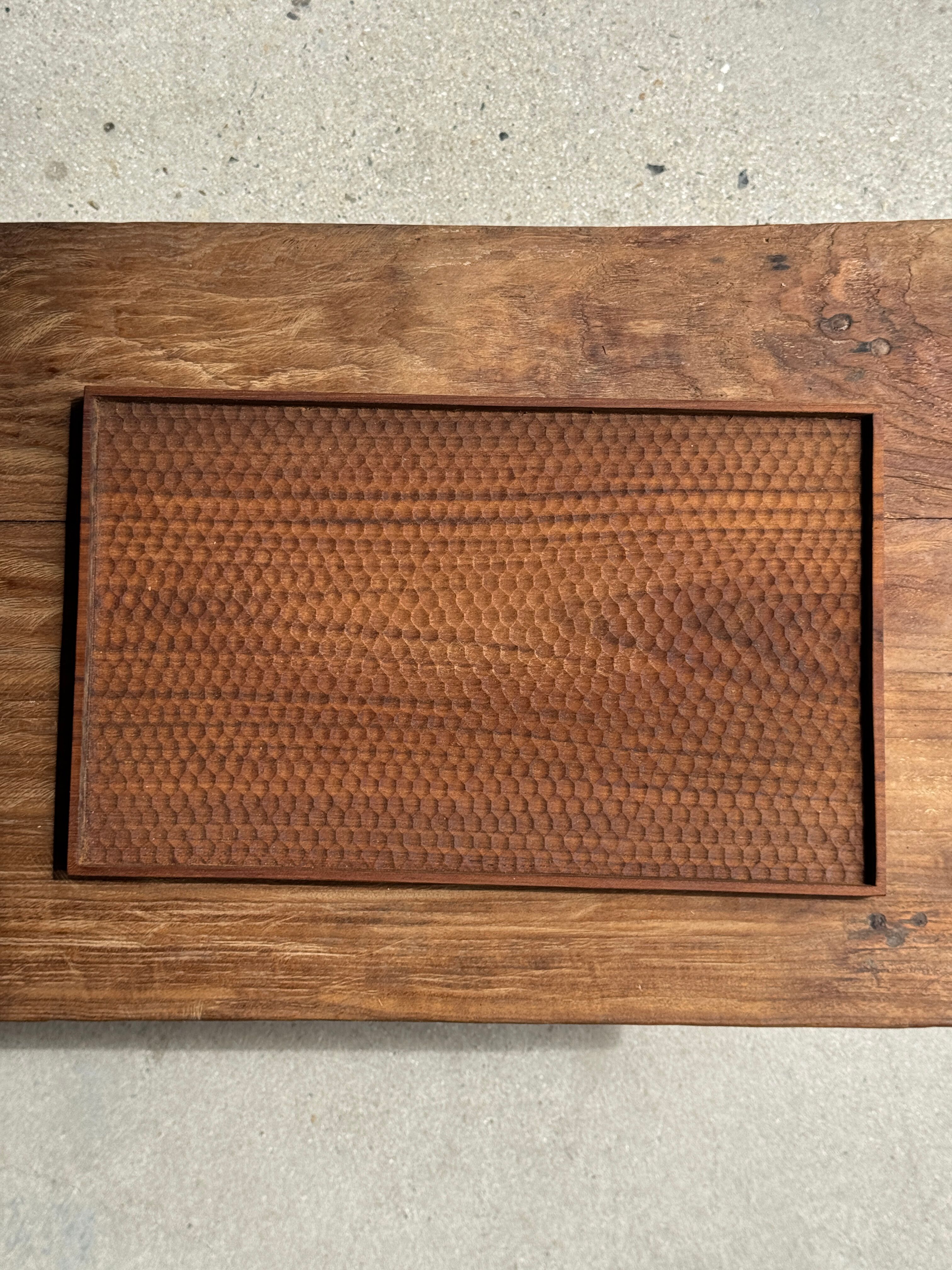 Rectangular solid teak tray with carved edges 40x25